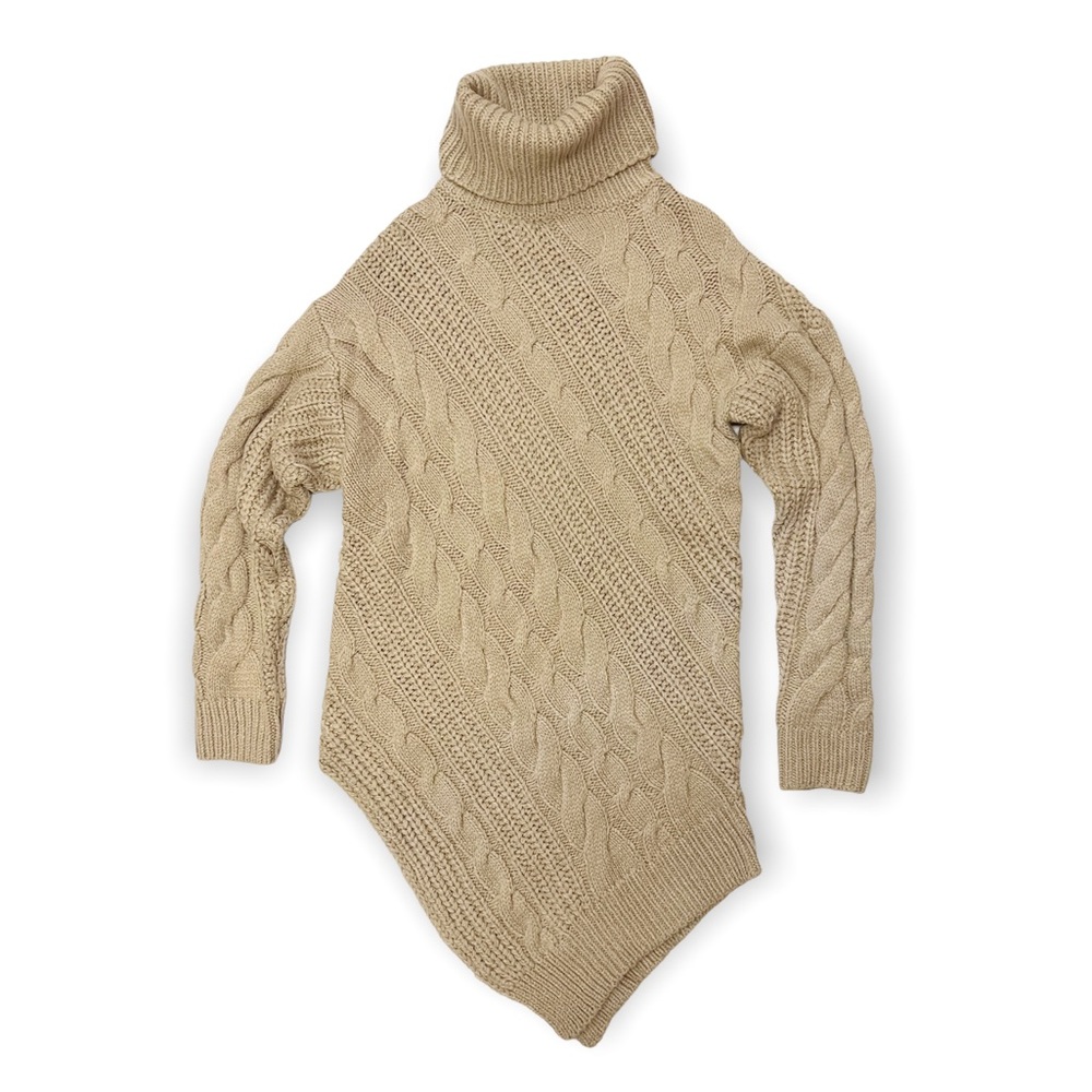 Listicle Cozy Tan Asymmetrical Cable Knit Turtle Neck Tunic Sweater SZ S…